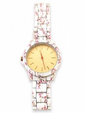 Women's Quartz Floral Watch White Link Band Pink Cherry Blossom Analog Wristwatc